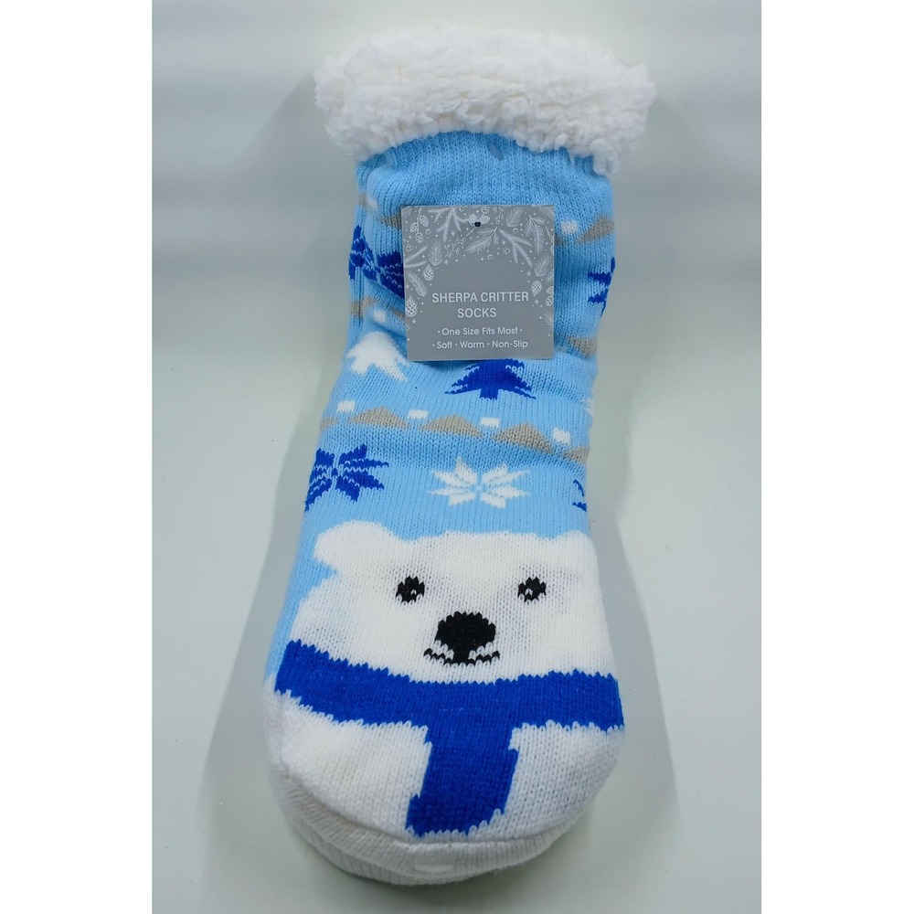 Sherpa Critter Slipper Socks One Size Blue Polar Bear Non Slip‎ Warm